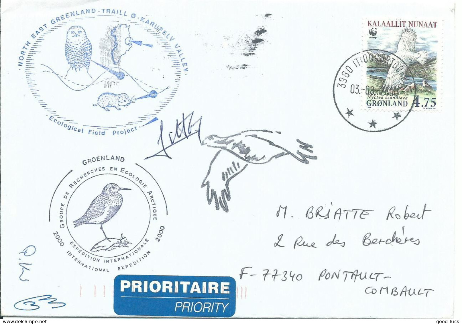 GROENLAND 4F75 EXPEDITION RECHERCHE SIGNEE PAR TOUS LES PARTICIPANTS POUR PONTAULT (SEINE ET MARNE) DE 2000 LETTRE COVER - Covers & Documents