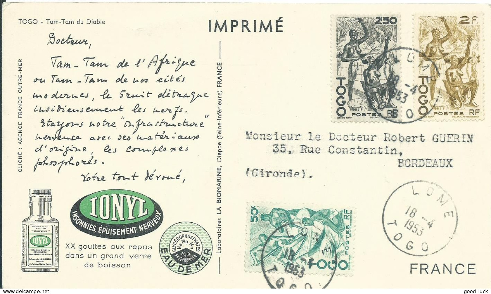 TOGO CARTE 4F50 LOME POUR BORDEAUX ( GIRONDE ) DE1953 PUB IONYL  LETTRE COVER - Cartas & Documentos