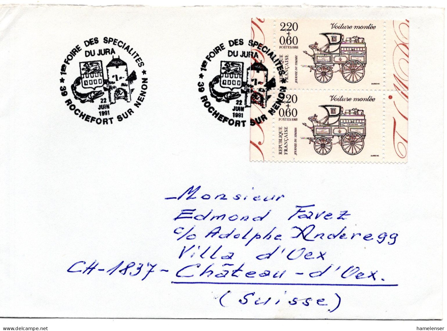 67691 - Frankreich - 1991 - 2@2,20F Kutsche '88 A Bf SoStpl ROCHEFORT - 1ER FOIRE ... -> Schweiz - Cartas & Documentos