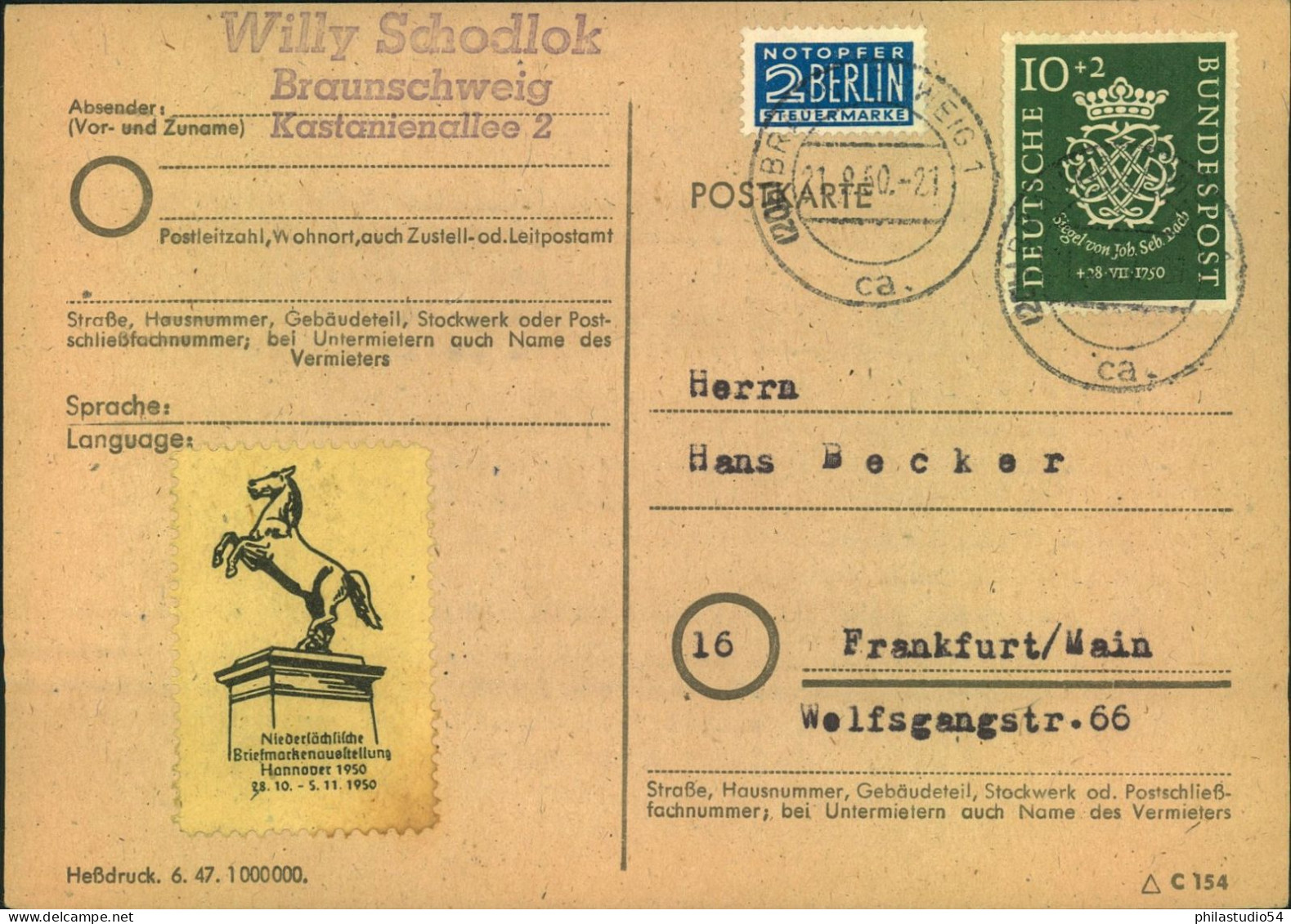 1950, 10 Und 20 Pf. Bachsiegel Portogerecht Als EF Auf Karte Bzw. Fernbrief - Brieven En Documenten