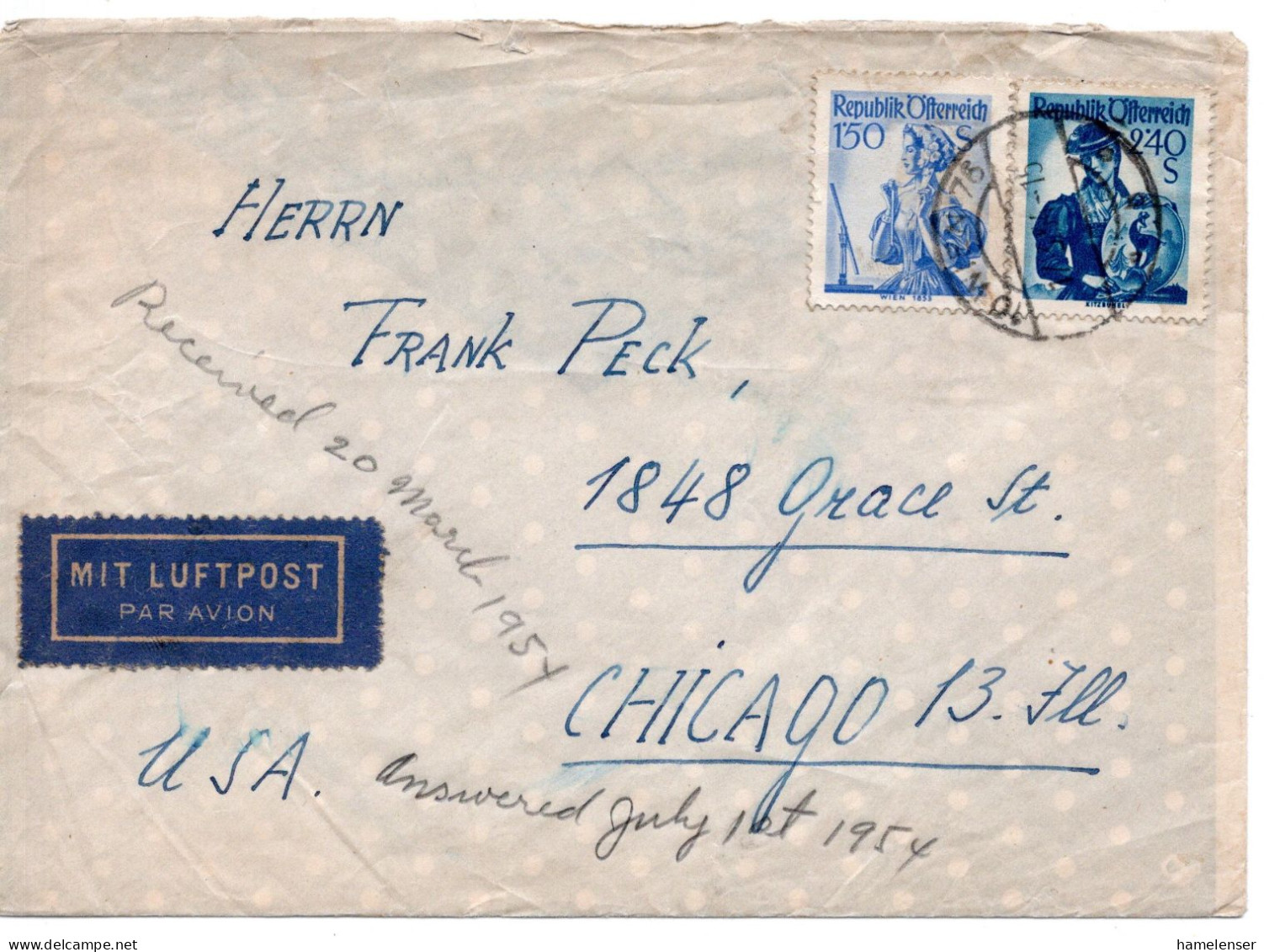 67696 - Österreich - 1954 - S2,40 Trachten MiF A LpBf WIEN -> Chicago, IL (USA) - Cartas & Documentos