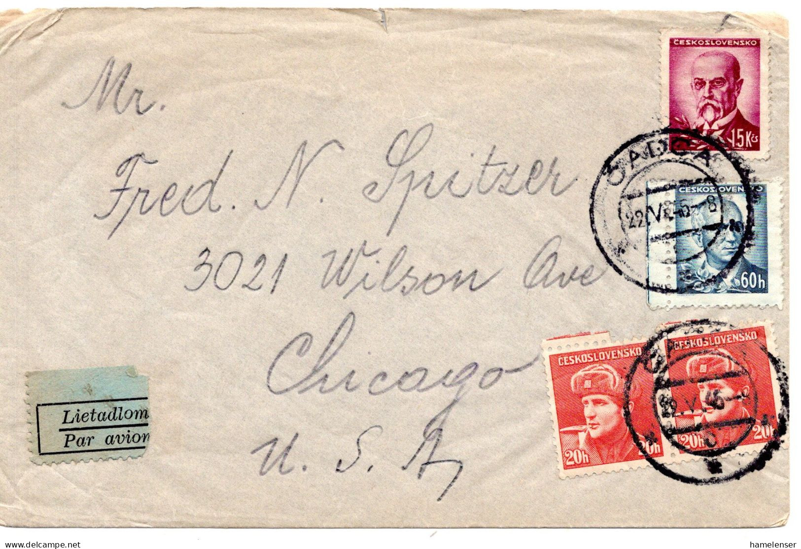 67698 - Tschechoslowakei - 1945 - 15Kcs Masaryk MiF A LpBf (Klappe Fehlt) ČADCA -> Chicago, IL (USA) - Briefe U. Dokumente