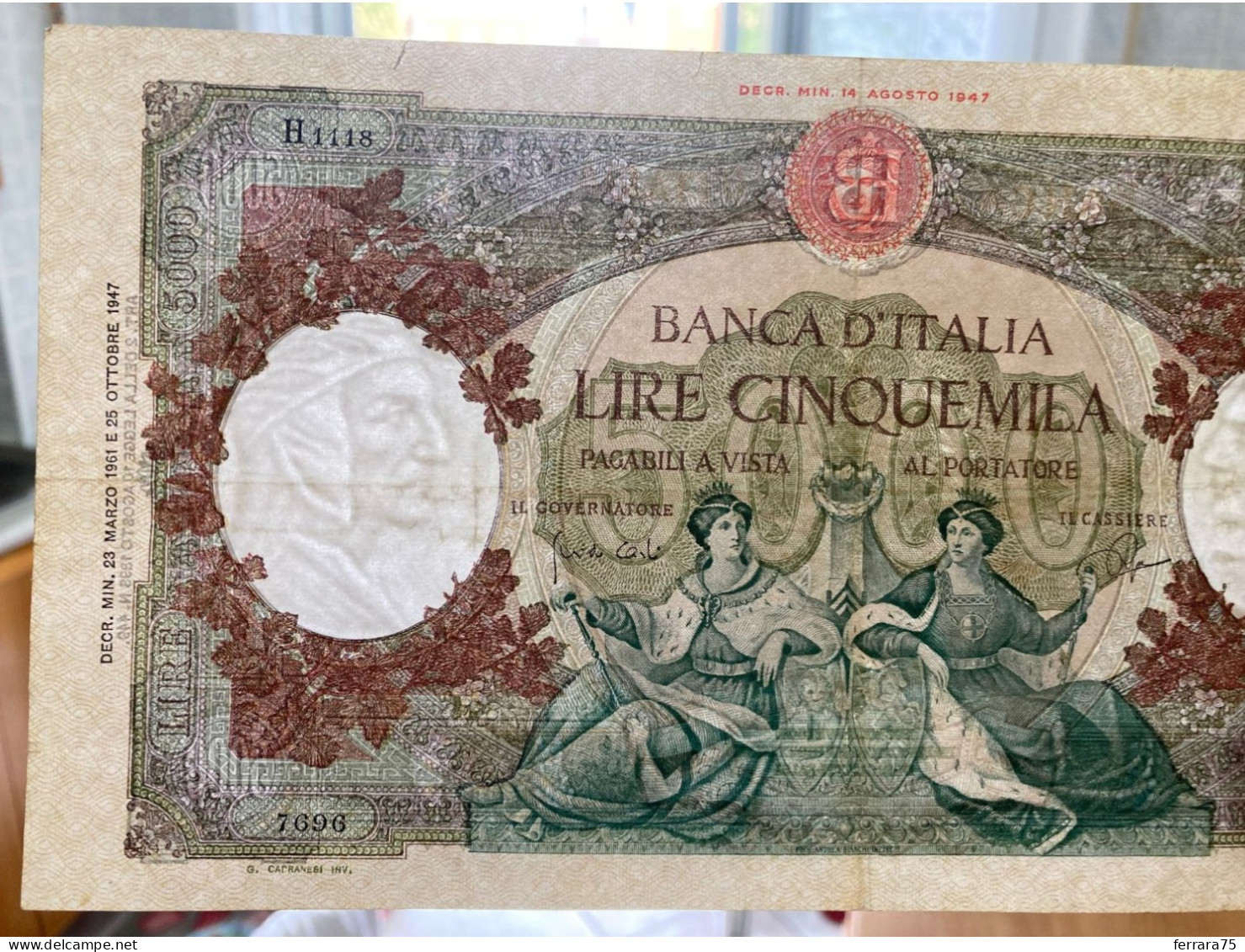 BANCONOTA 5000 LIRE H1118 7696 CAPRANESI REPUBBLICHE MARINARE  BB+CON COA.