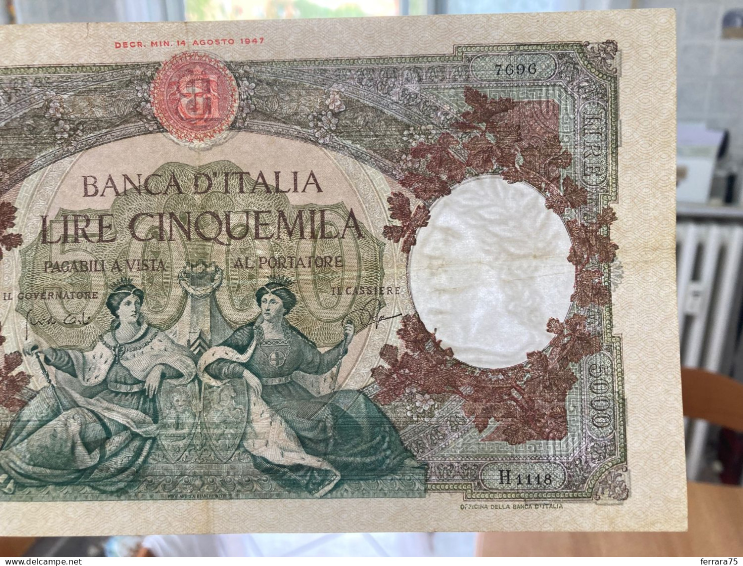 BANCONOTA 5000 LIRE H1118 7696 CAPRANESI REPUBBLICHE MARINARE  BB+CON COA.