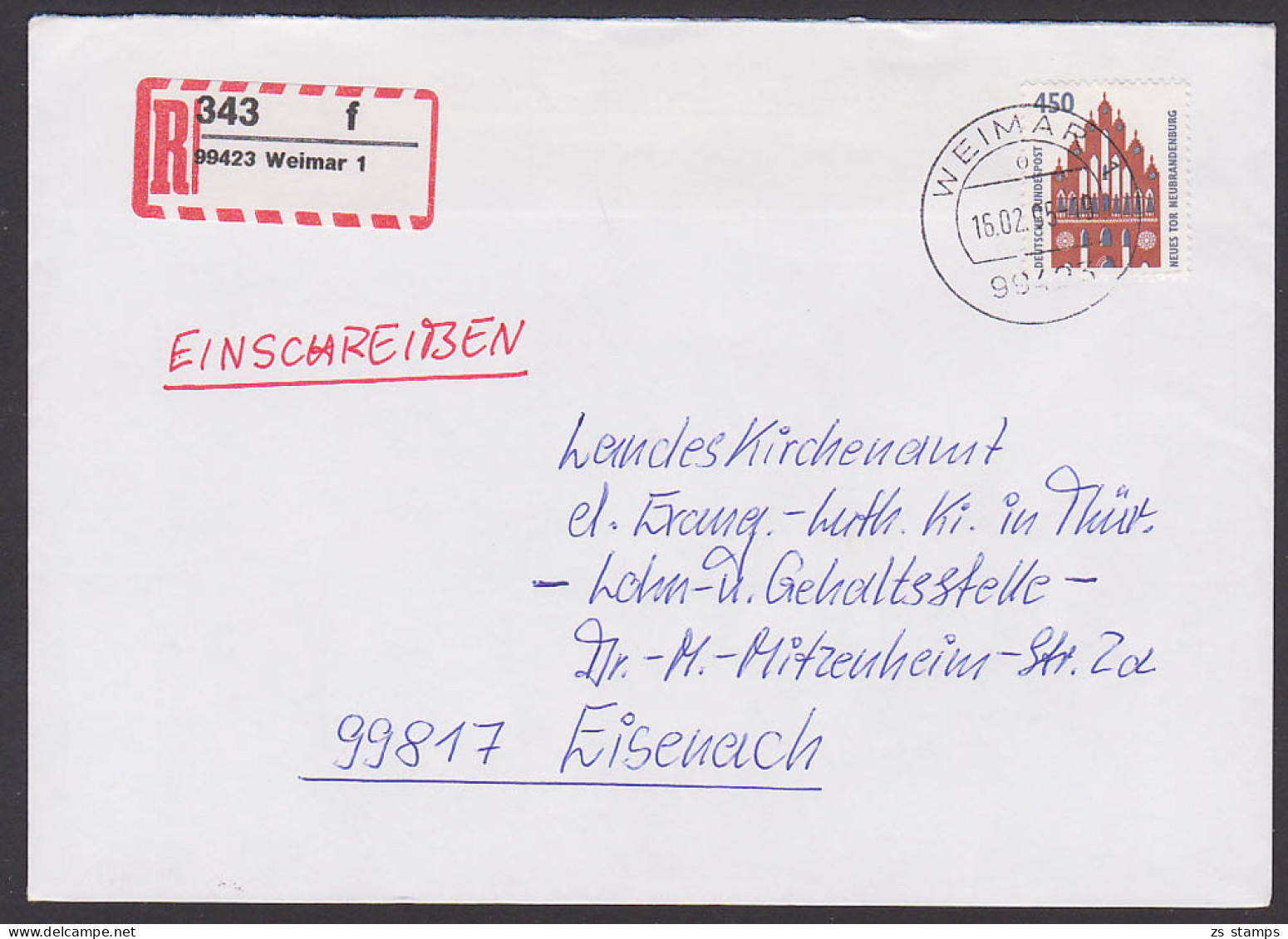 Weimar R-Zettel In Neuer Form 1995 (nur Kurze Zeit) Verwendet R-Brief Mit 450 Pf. "Neues Tor Neubrandenburg" - R- & V- Vignette