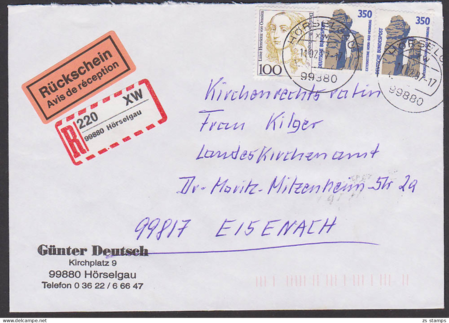 Hörselgau R-Zettel In Neuer Form 1997 (nur Kurze Zeit Verwendet )R-Brief Mit Rs. Mit 350 Pf. (2) Externsteine - R- & V- Vignetten