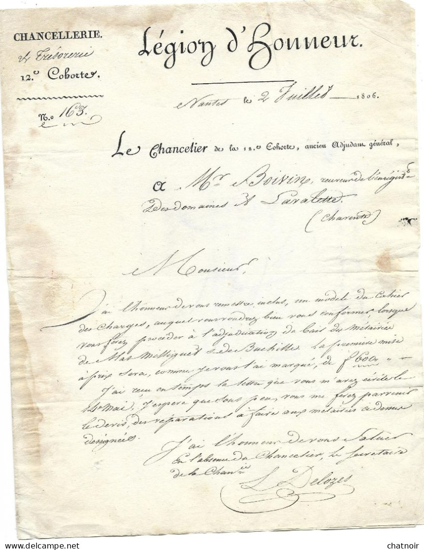 Document  LEGION D ' HONNEUR   NANTES 1806  47 ANGERS + Legion D'honneur(manus) + DEB DE CLISSON Manus Pour La Charente - Ohne Zuordnung