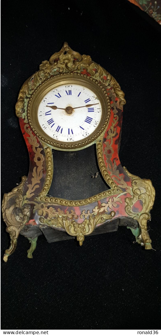 Pendule A RESTAURER Ancienne Pendulette Marquetterie Boulle écaille Tortue Bronze Horlogerie Cadran Chiffre Bleu & Noir - Clocks