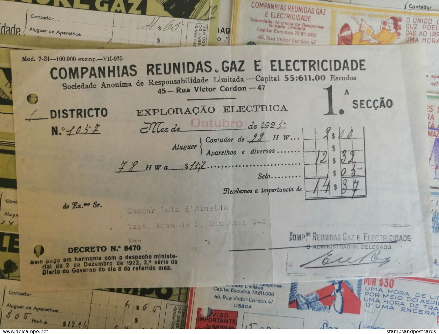 Portugal 20 Belles Factures Art Deco Gaz électricité CRGE 1926 1938 Lumiére Lampe Gas Electricity Bills Light Lamp - Portugal