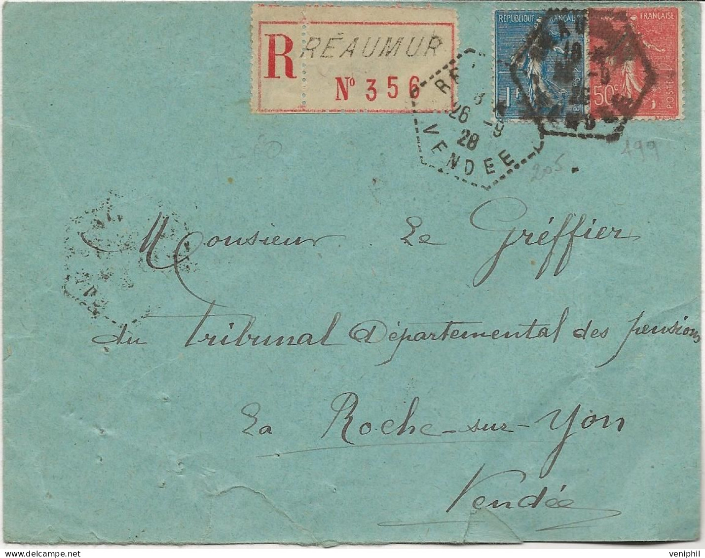 LETTRE RECOMMANDEE AFFRANCHIE N°199 + N° 205 -OBLITEREE CACHET OCTOGONAL POINTILLE REAUMUR -VENDEE - ANNEE 1928 - 1921-1960: Modern Tijdperk