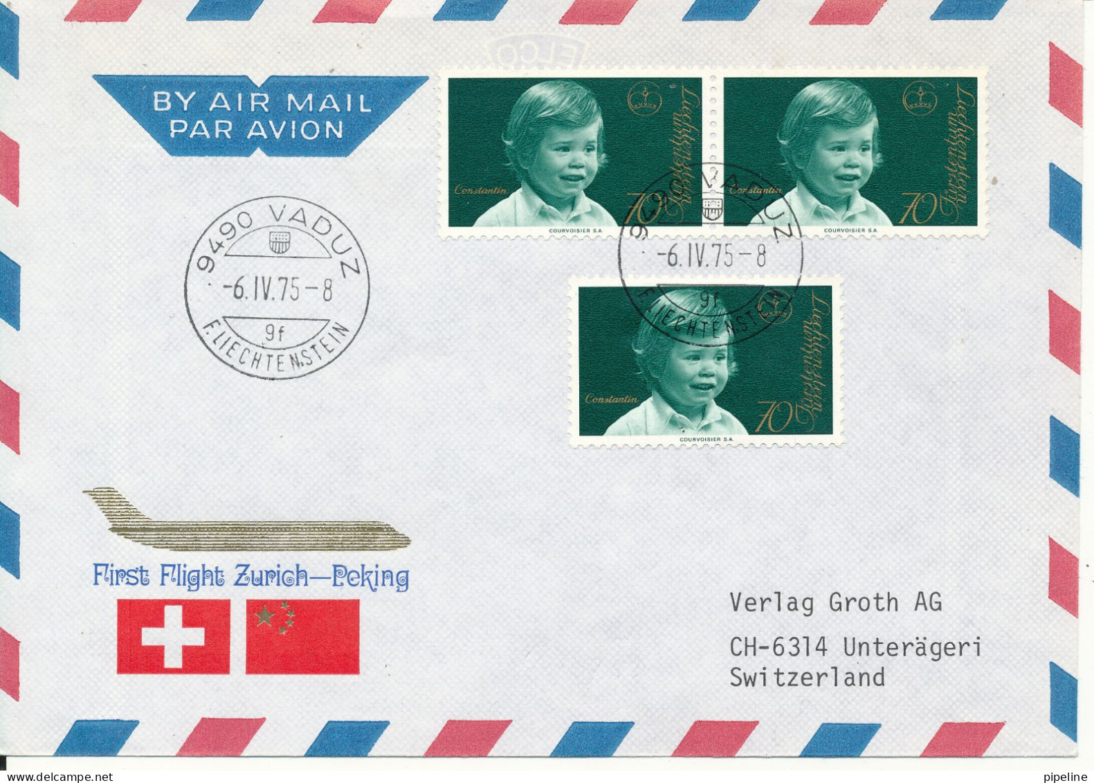 Liechtenstein First Swissair Flight Cover Zurich - Peking 6-4-1975 - Covers & Documents