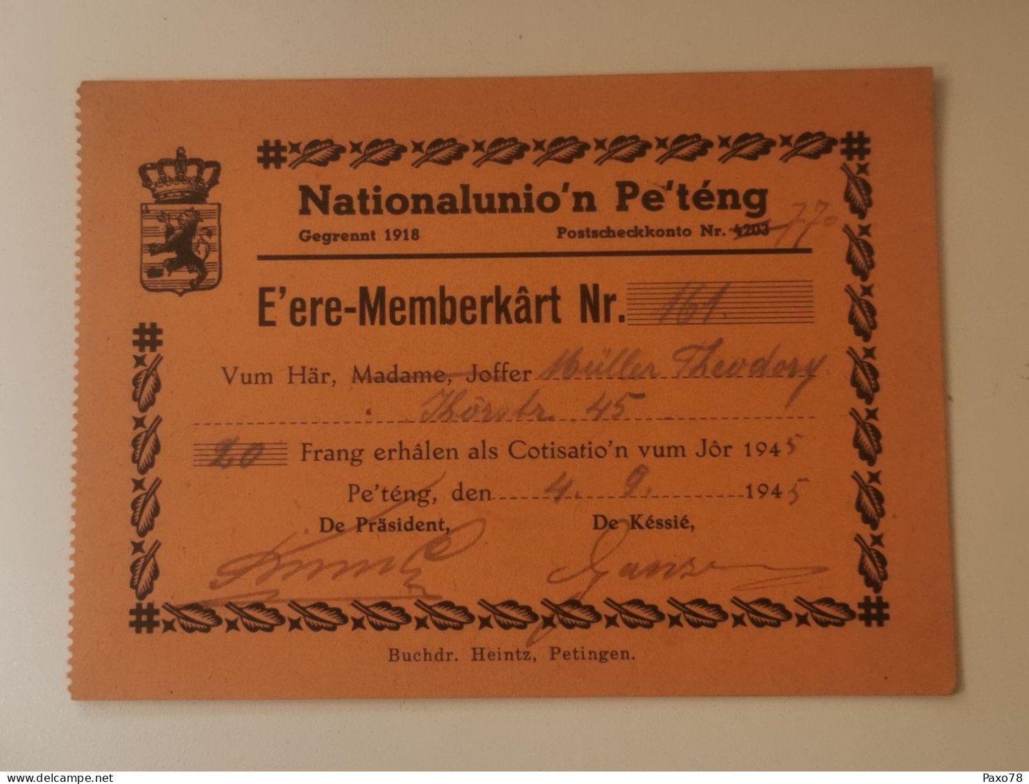 Nationalunio'n Pé'téng, E'ere-Memberkart 1945 - 1940-1944 Deutsche Besatzung
