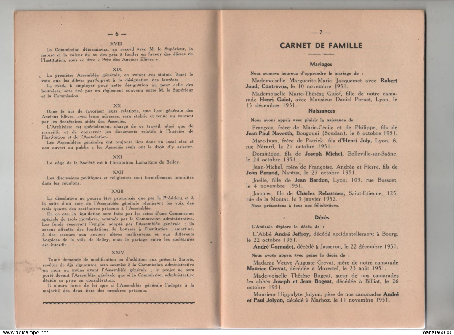 Institution Lamartine Belley 1952 Annuaire Association Amicale Anciens Elèves - Rhône-Alpes