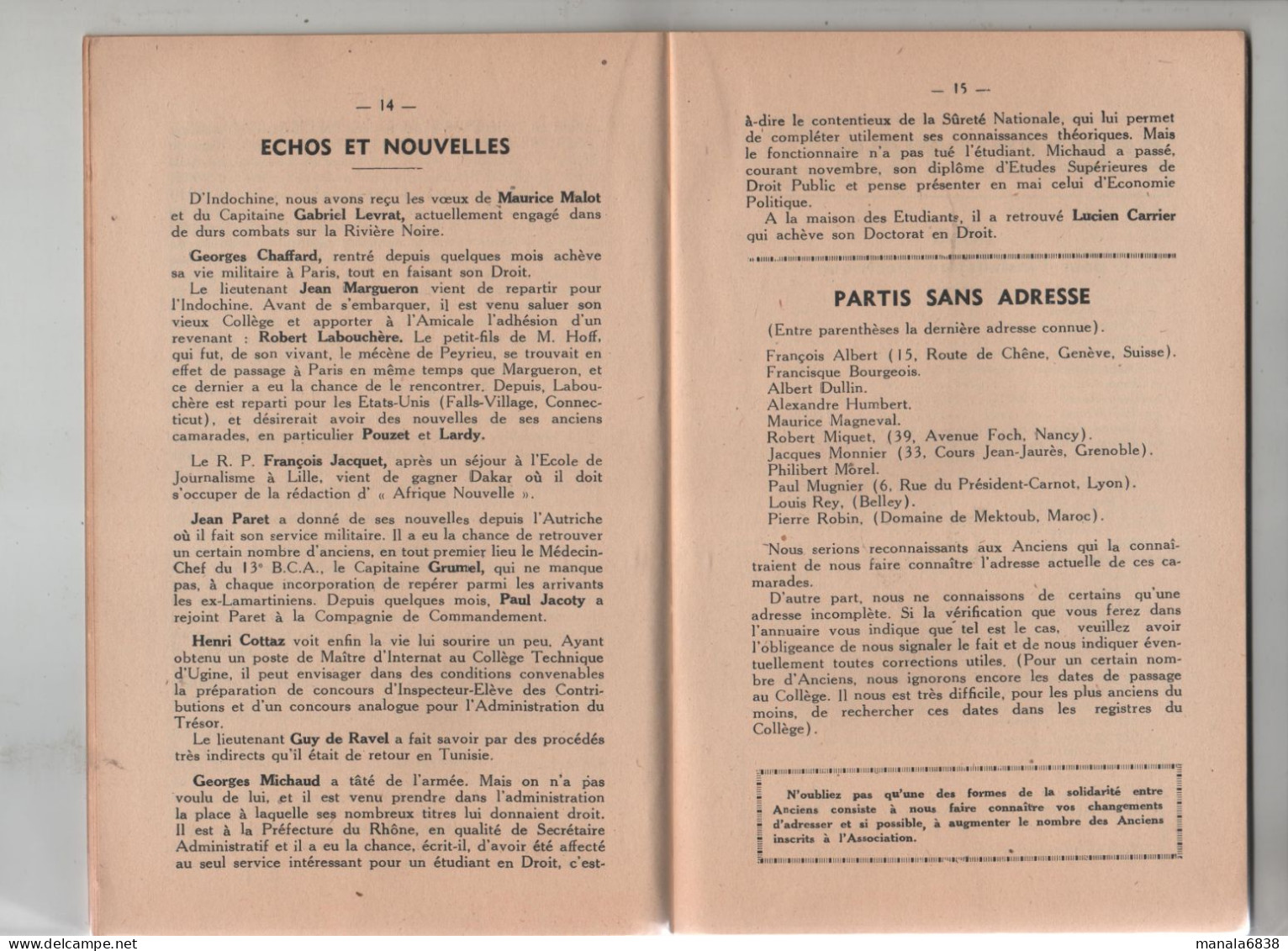 Institution Lamartine Belley 1952 annuaire Association Amicale Anciens Elèves