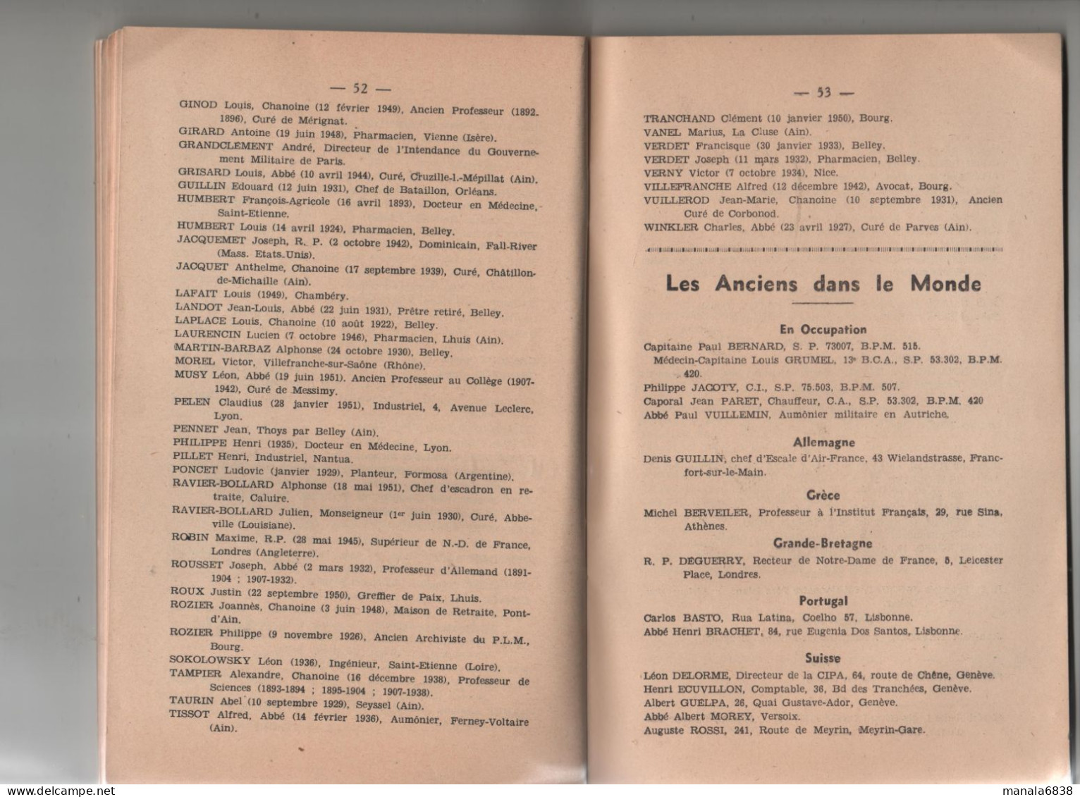 Institution Lamartine Belley 1952 annuaire Association Amicale Anciens Elèves