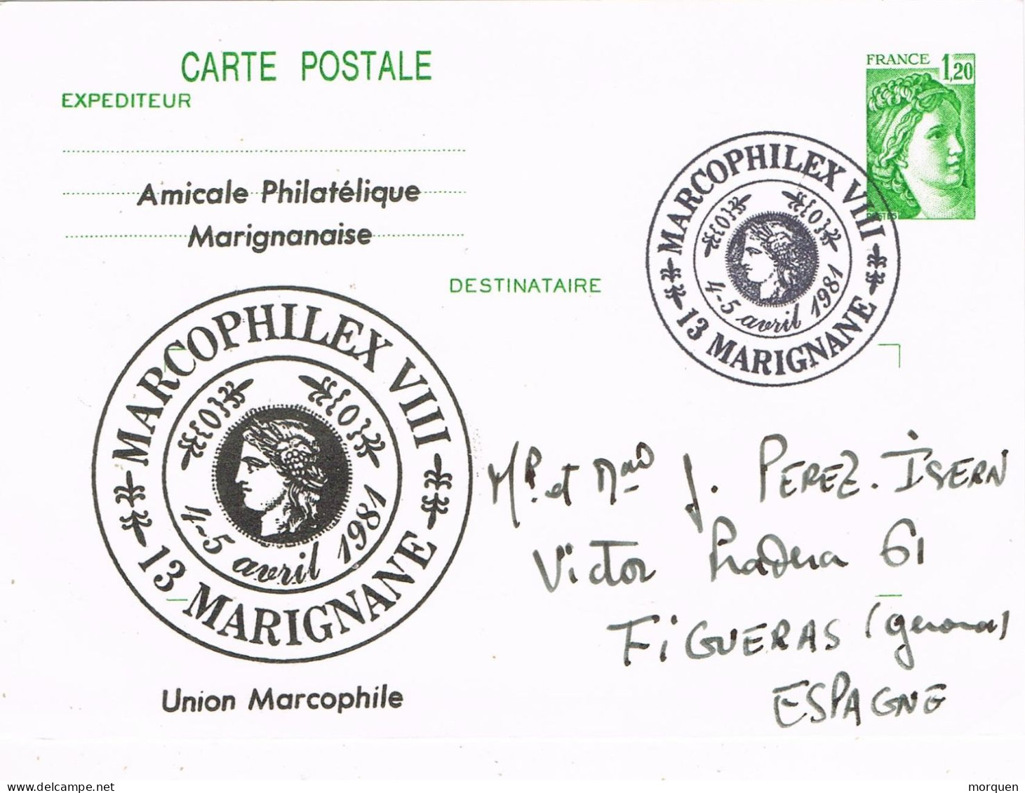 50773. Entero Postal MARIGNANE (France) 1981. Exposition MARCOPHILEX VIII A Figueras, Gerona - Enteros Privados