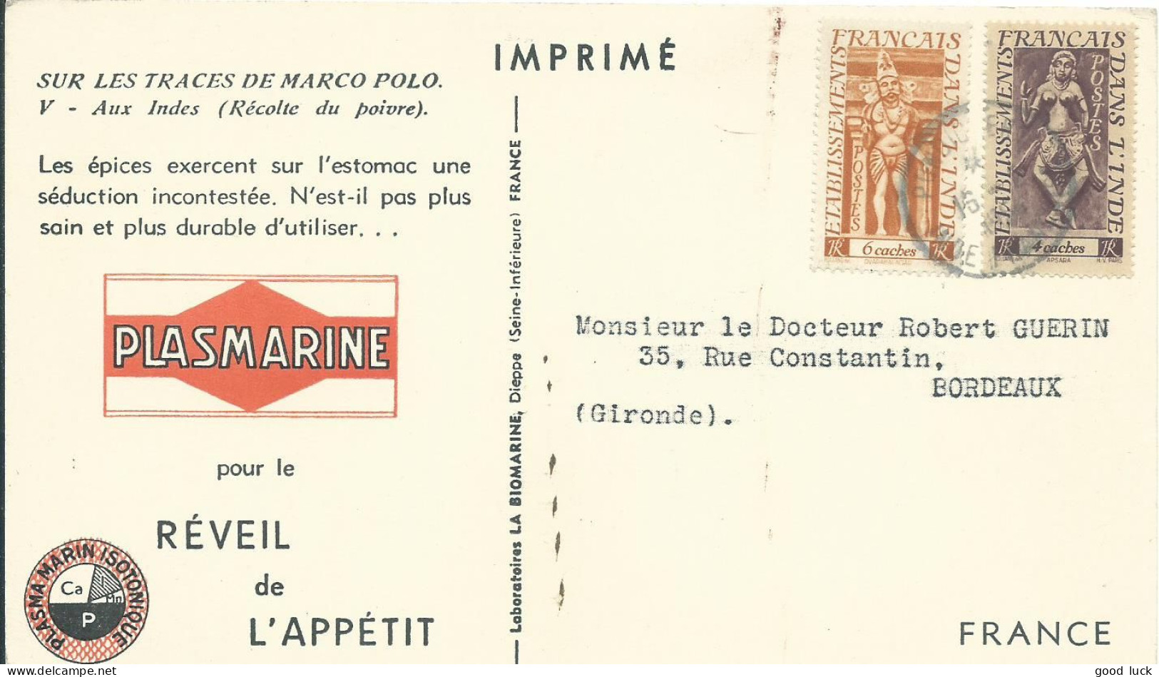A.O.F. 10c INDE POUR BORDEAUX ( GIRONDE ) PUBLICITE PLASMARINE DE 1950 LETTRE COVER - Lettres & Documents