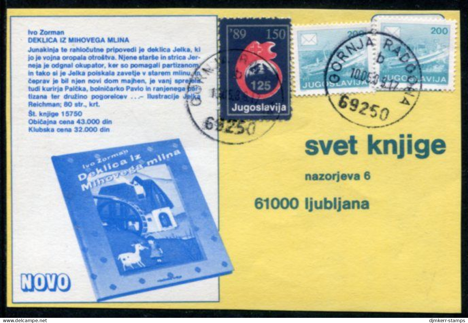 YUGOSLAVIA 1989 Red Cross Week 150 D. Tax Used On Commercial Postcard.  Michel ZZM 168 - Bienfaisance