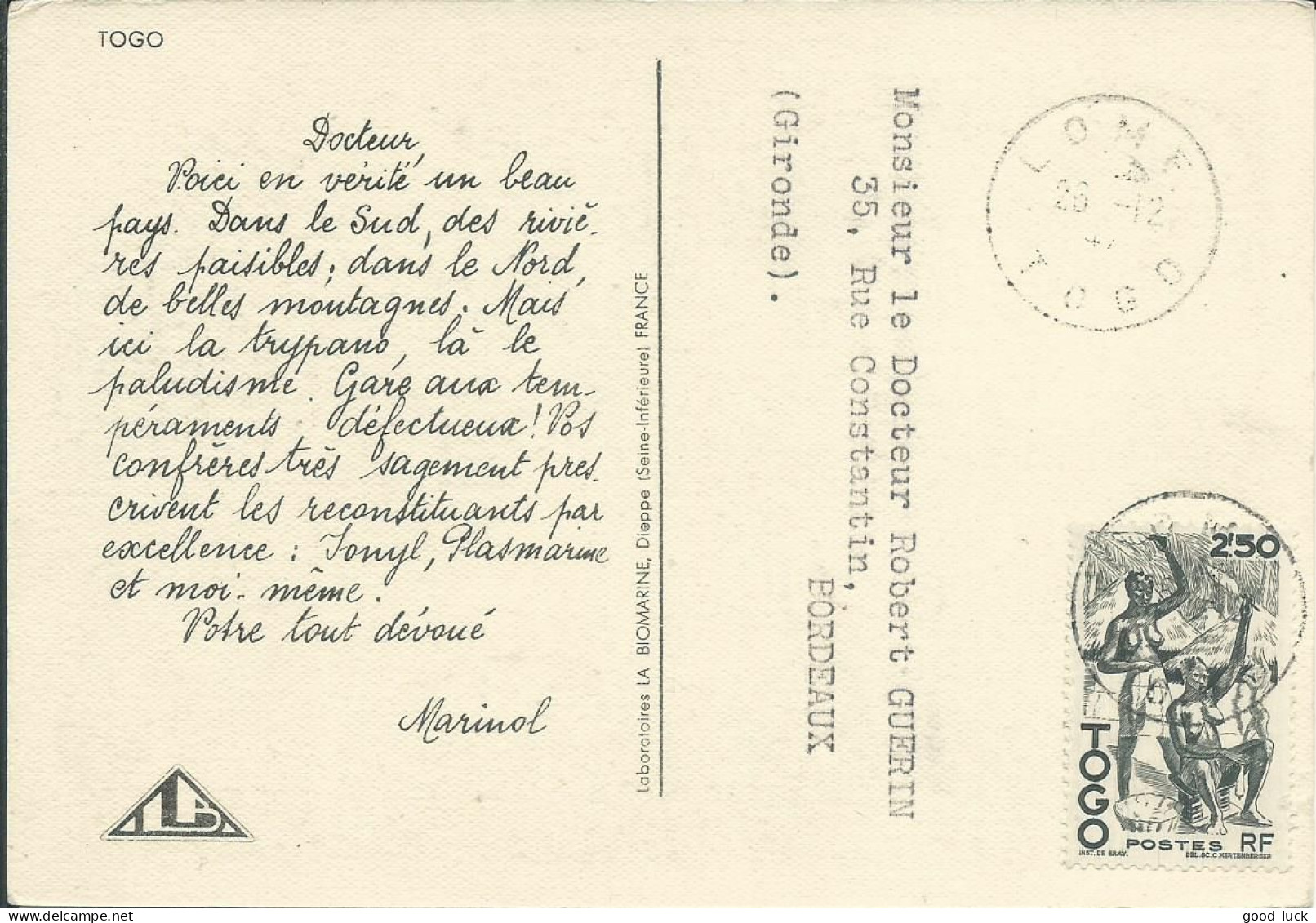 TOGO 2F50 LOME  POUR BORDEAUX ( GIRONDE ) PUBLICITE MARINOL DE 1947 LETTRE COVER - Briefe U. Dokumente