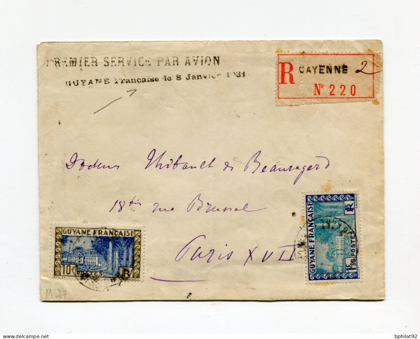 !!! LETTRE RECO DE CAYENNE POUR PARIS, CACHET "PREMIER SERVICE PAR AVION GUYANE FRANCAISE LE 8 JANVIER 1931" - Covers & Documents