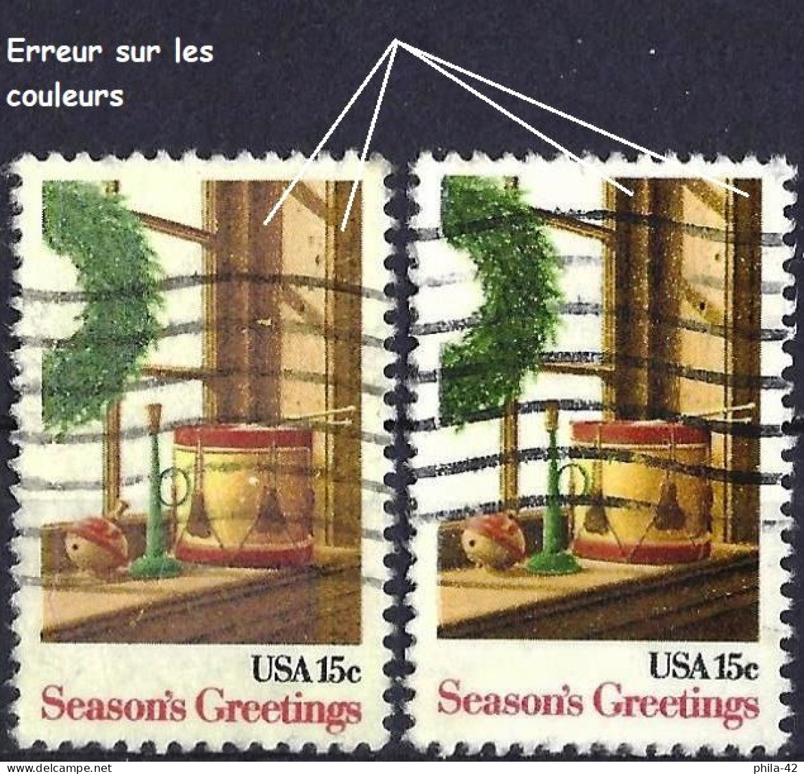 United States 1980 - Mi 1451 - YT 1303 ( Christmas : Toys, Drum & Trumpet ) Buff Omited - Errors, Freaks & Oddities (EFOs)