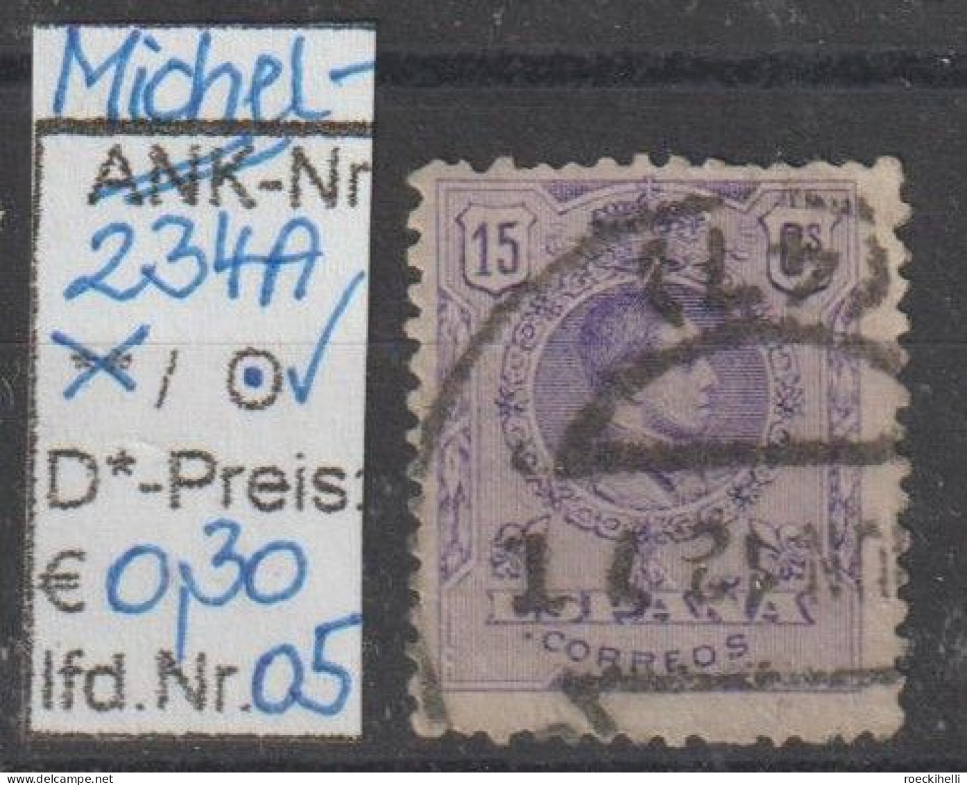 1909 - SPANIEN - FM/DM "König Alfons XIII im Medaillon" 15 C violett - o gestempelt - s.Scan (234Ao 01-05 esp)