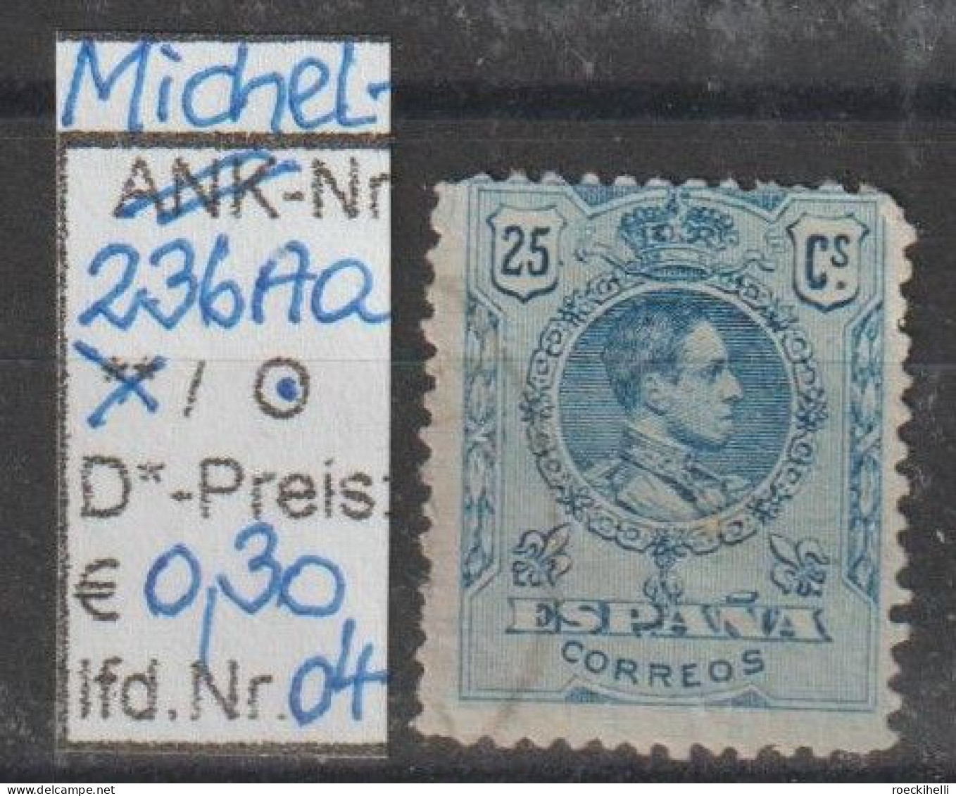 1910 - SPANIEN - FM/DM "König Alfons XIII im Medaillon" 25 C blau - o gestempelt - s.Scan (236Aao 01-06 esp)