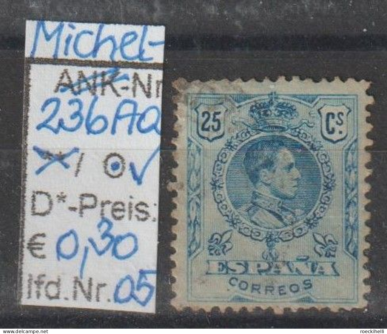 1910 - SPANIEN - FM/DM "König Alfons XIII im Medaillon" 25 C blau - o gestempelt - s.Scan (236Aao 01-06 esp)