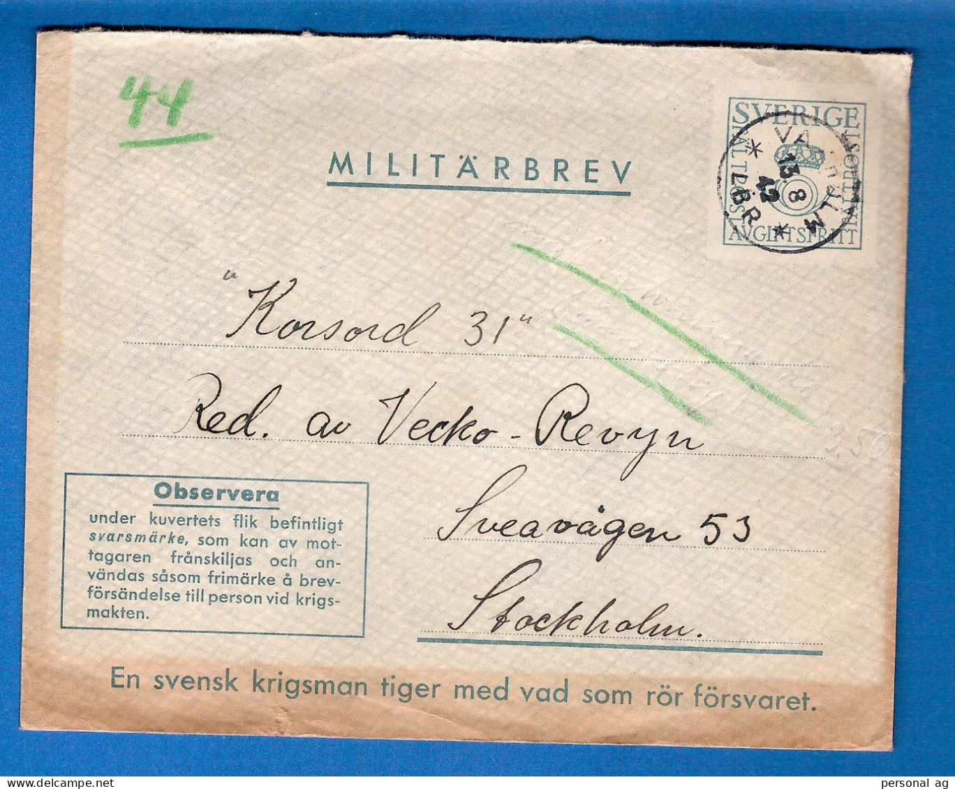 1942  Militärbrev – Schwedische Feldpost, Umschlag Mit Retourmarke Rückseitig - Militaires