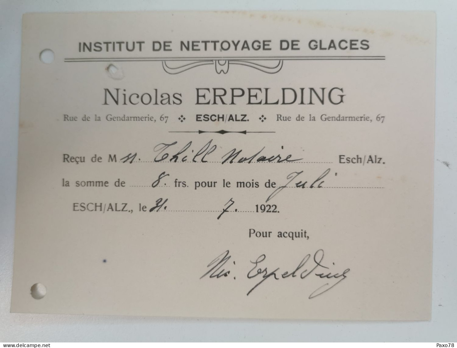 Reçu, Nicolas Erpelding, Esch-Alzette 1922 - Luxemburgo
