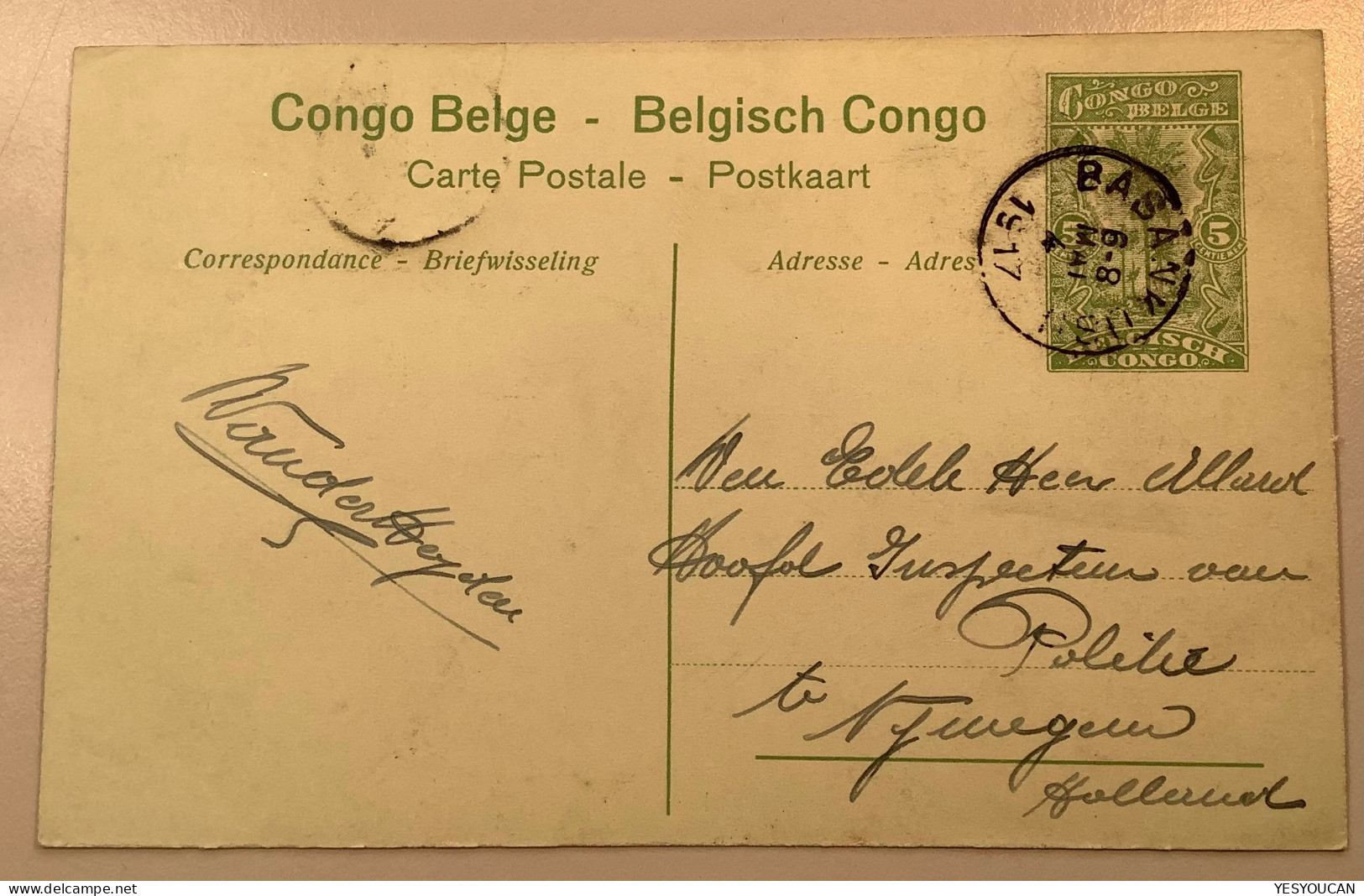 BASANKUSU1917entier Postal Illustré5c PONTHIERVILLE STATION54>Nijmegen Netherlands (Congo Belge Ananas Postal Stationery - Lettres & Documents