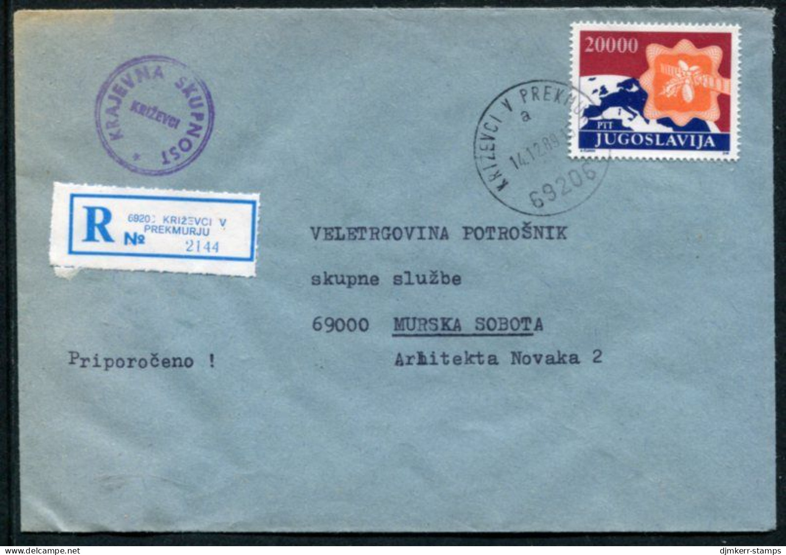 YUGOSLAVIA 1989 Registered Cover Franked With Postal Services 20000 D Single Franking    Michel 2362 - Brieven En Documenten