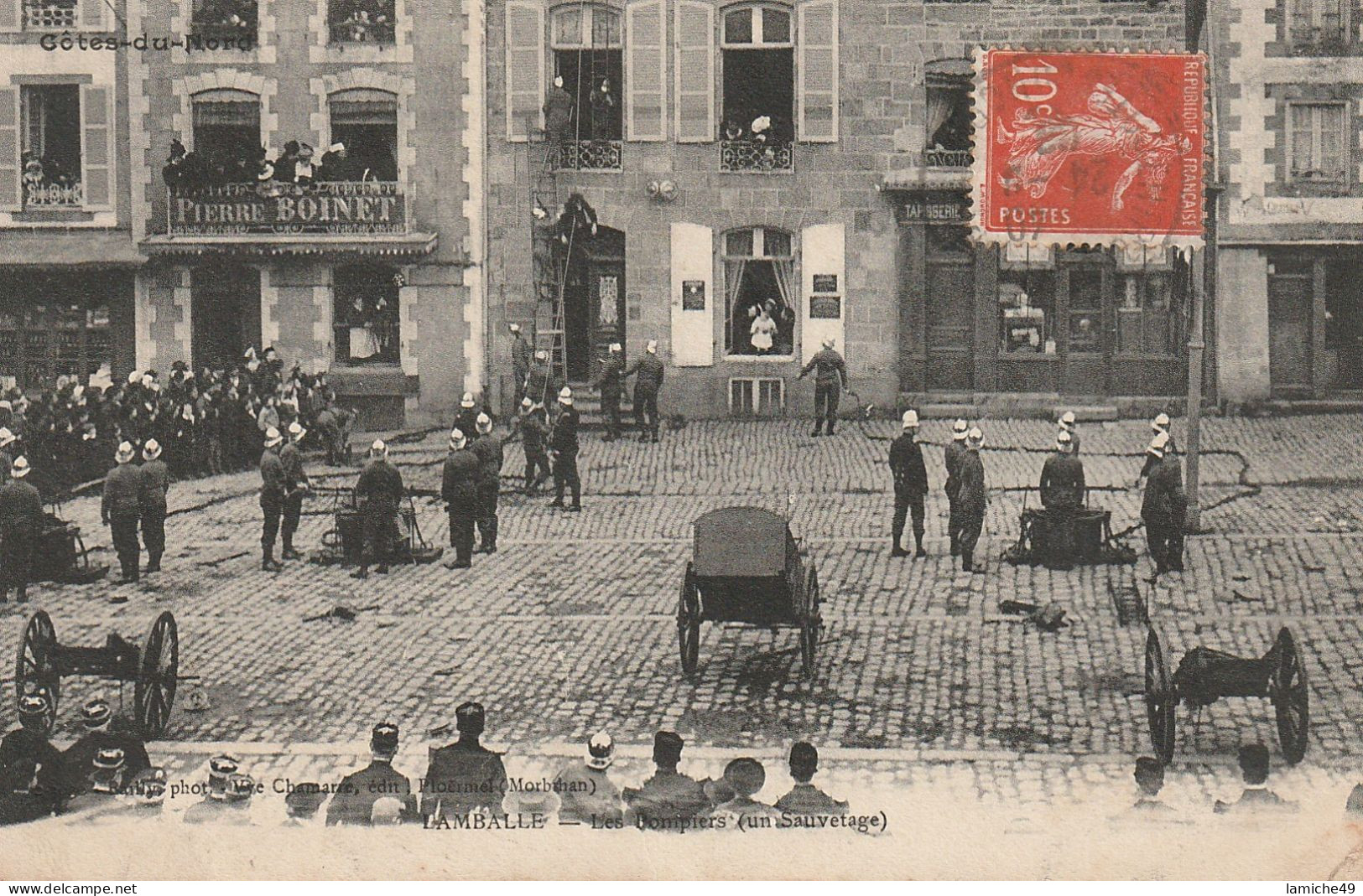 LAMBALLE Les Pompiers (manœuvres  Timbre Semeuse 10c 1908) - Lamballe