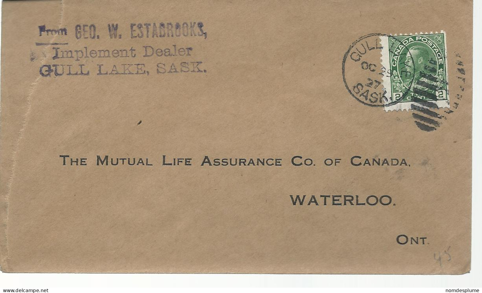 23109) Canada  Gull Lake Postmark Cancel Duplex King - Brieven En Documenten