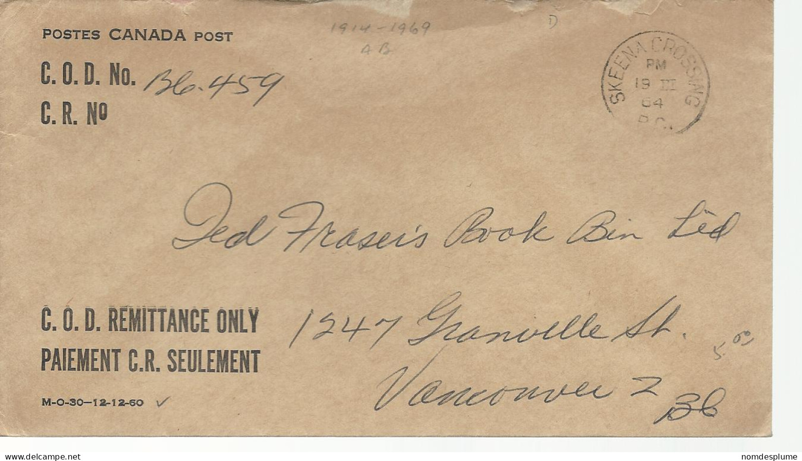 23112) Canada Skeena Crossing Postmark Cancel COD Remittance - Brieven En Documenten