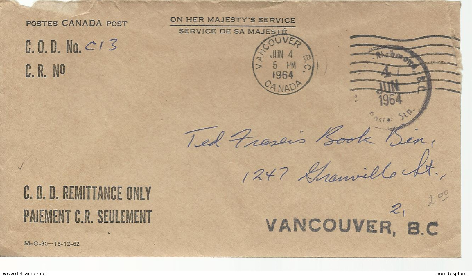 23113) Canada Vancouver Postmark Cancel COD Remittance O.H.M.S. - Briefe U. Dokumente