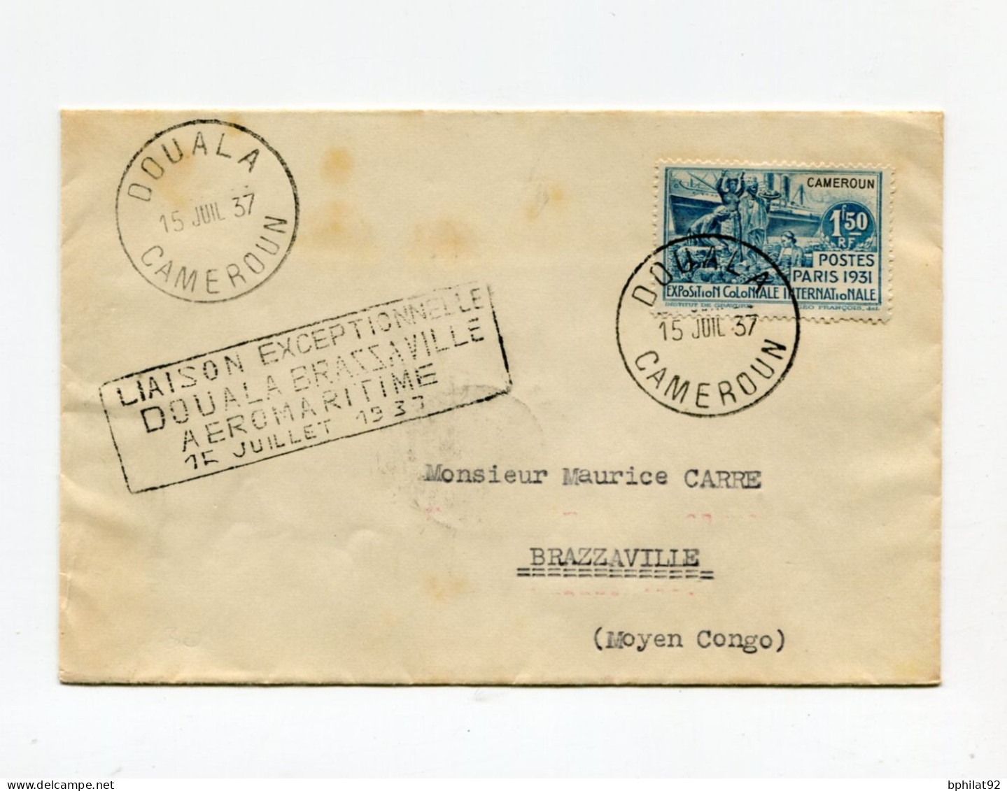 !!! CAMEROUN, CACHET LIAISON EXCEPTIONNELLE DOUALA BRAZZAVILLE AEROMARITIME 15 JUILLET 1937 SUR LETTRE DE DOUALA - Lettres & Documents