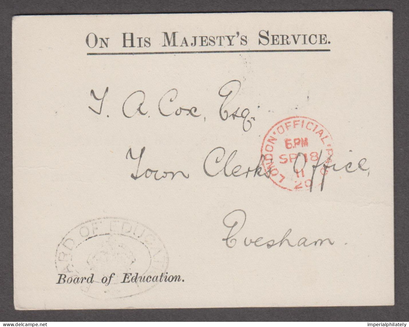 1911 (Sep 18) OHMS Board Of Education Postcard (with Printed Message) With Crown Cachet And Official Paid Cds - Service