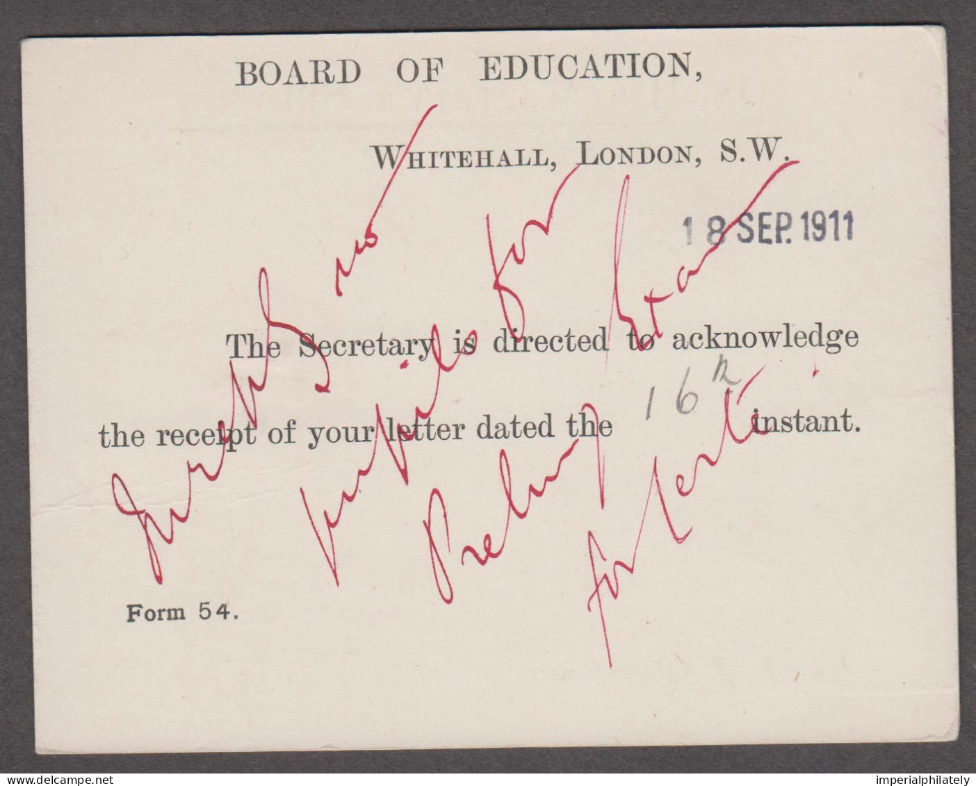 1911 (Sep 18) OHMS Board Of Education Postcard (with Printed Message) With Crown Cachet And Official Paid Cds - Dienstzegels