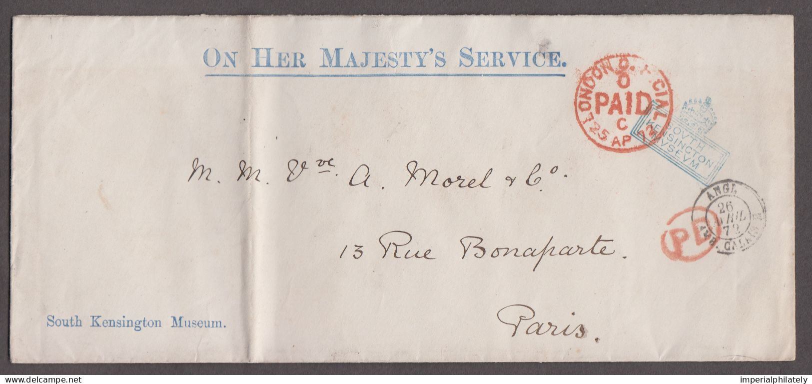 1872 (Apr 25) OHMS Envelope From The Council On Education At South Kensington Museum (blue Inscriptions) - Service