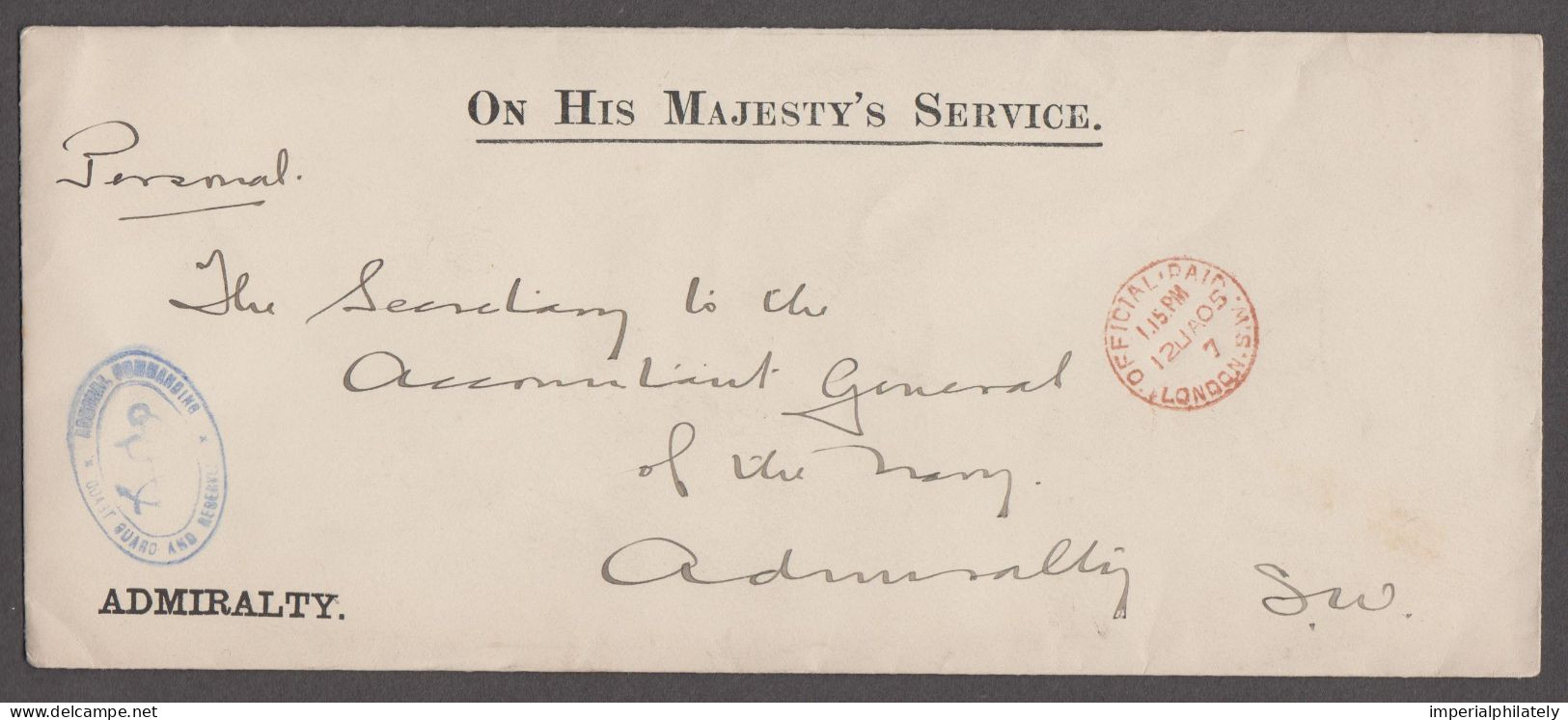 1905 (Jan 12) OHMS Admiralty Envelope With "Admiral Commanding / Coast Guard And Reserves" Anchor Cachet - Servizio