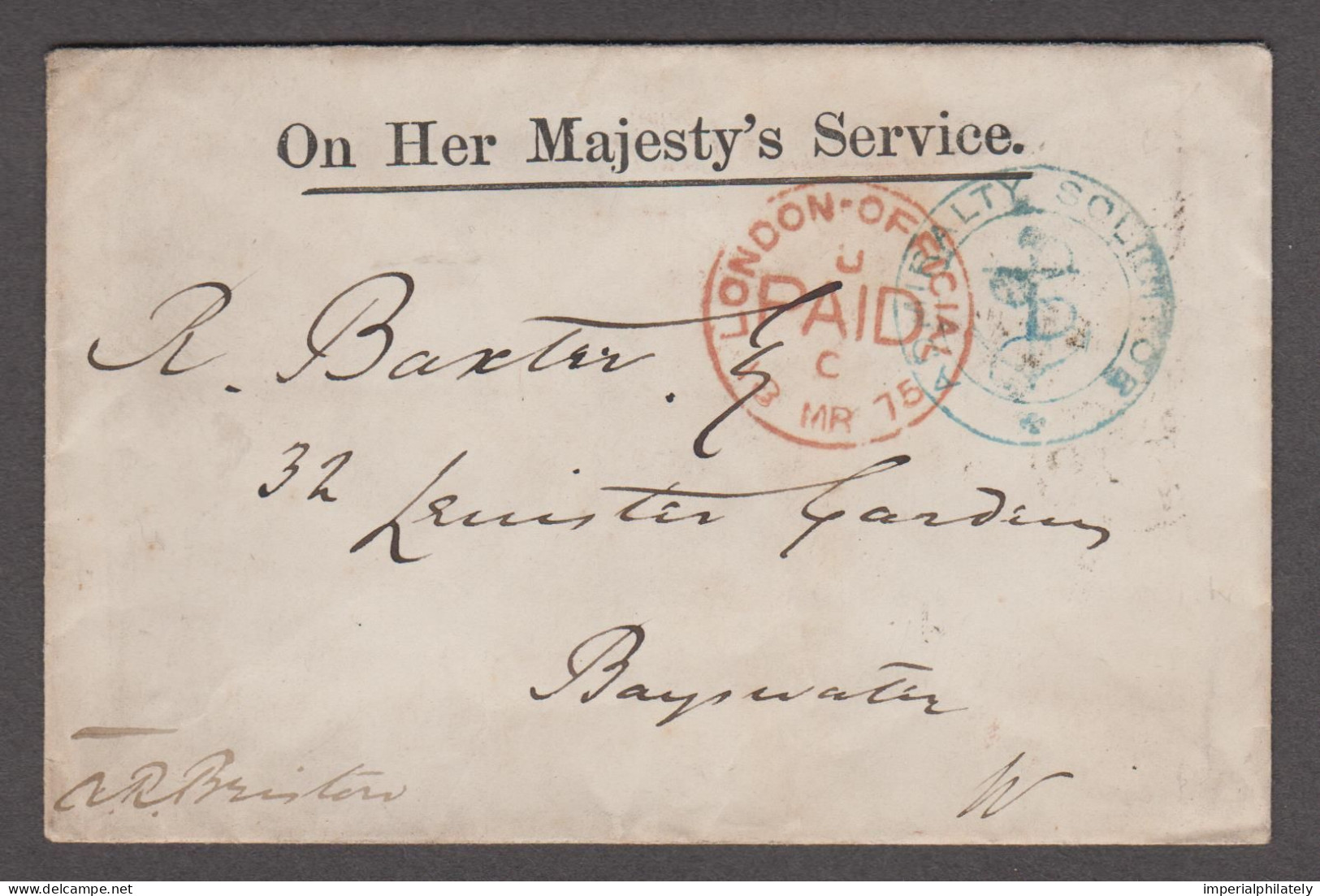 1875 (Mar 18) OHMS Envelope With "Admiralty Solicitor" Anchor Cachet (matching Embossed Logo On Backflap) - Oficiales