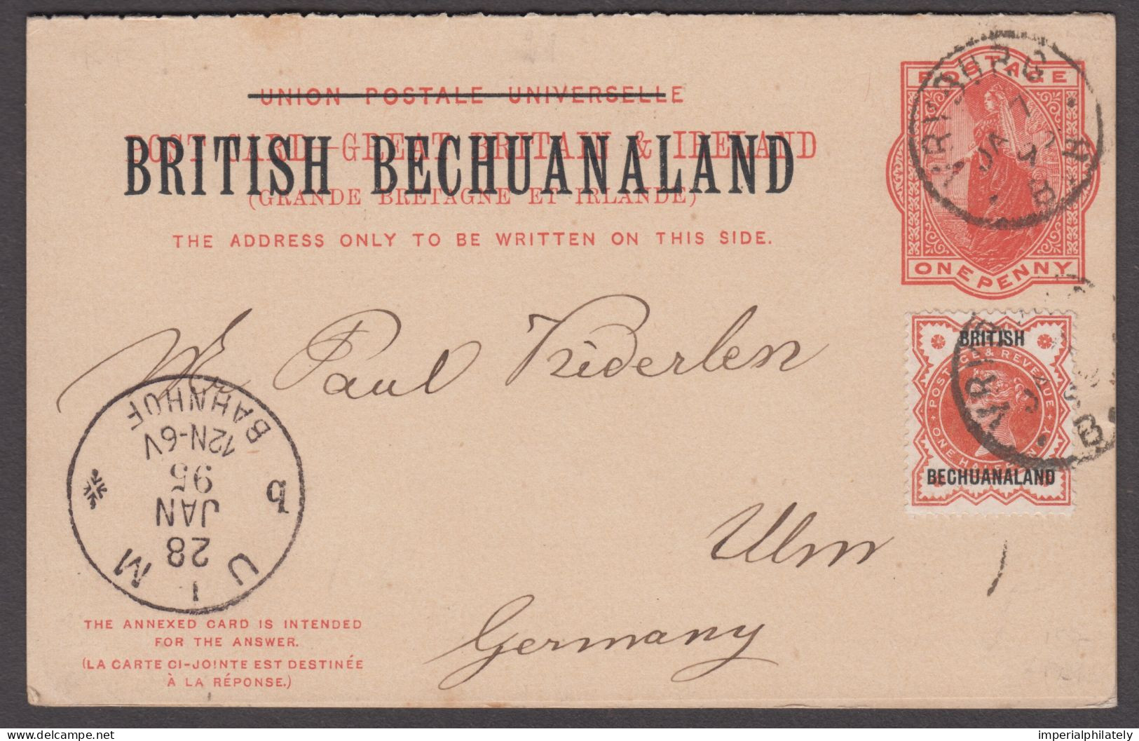 1895 Reply Paid Postcard (complete With Unused Reply), Sent To Germany, Cancelled And Uprated With 1/2d With Vryburg Cds - 1885-1895 Crown Colony