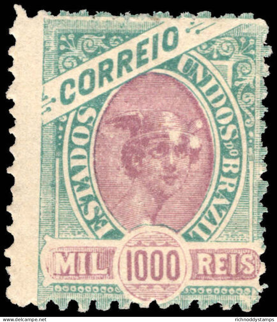 Brazil 1894-97 1000r Mauve And Green Thick Paper Perf 11&#189; Lightly Mounted Mint. - Ungebraucht