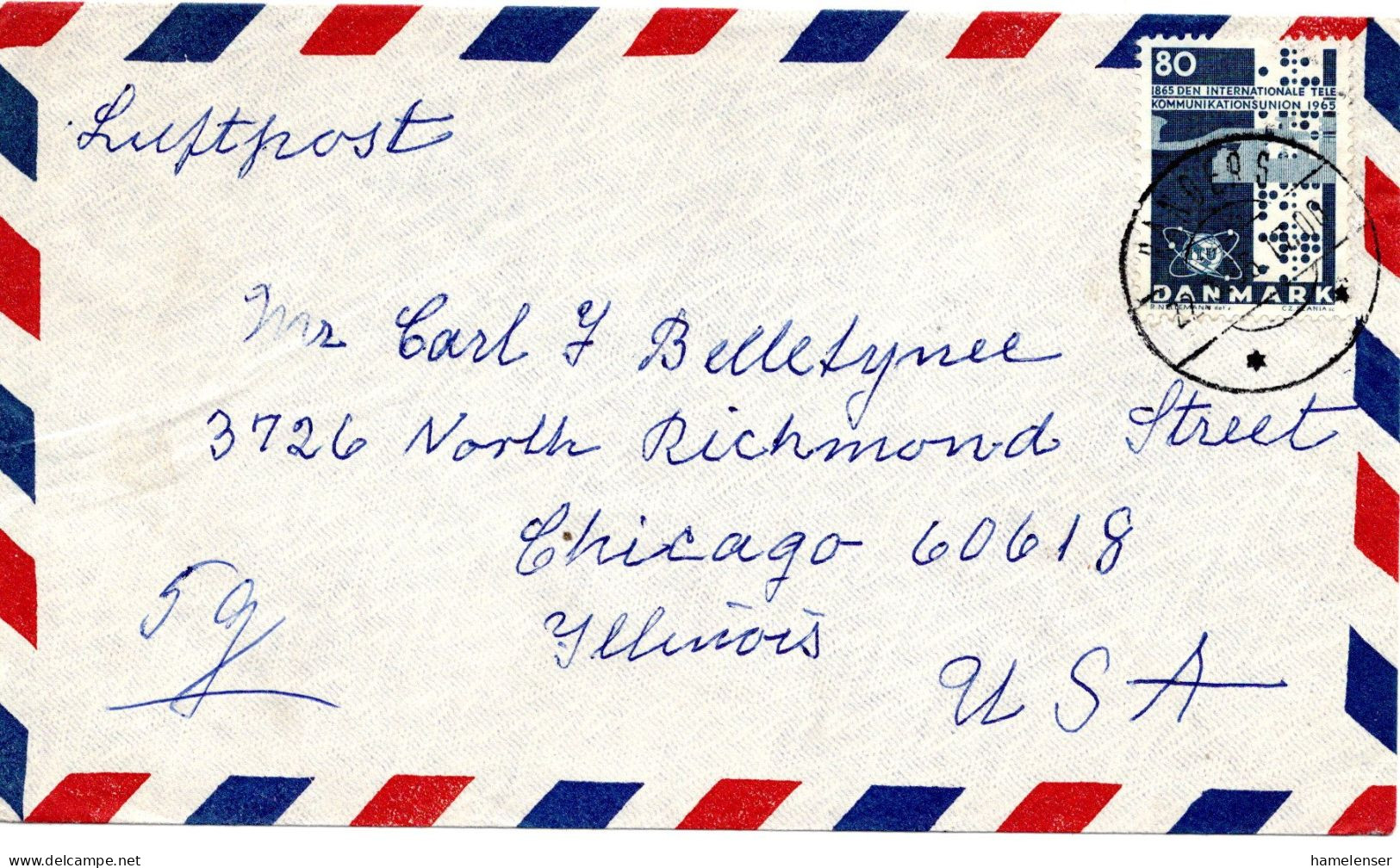 67702 - Dänemark - 1965 - 80o. Fernmeldeunion EF A LpBf RANDERS -> Chicago, IL (USA) - Covers & Documents