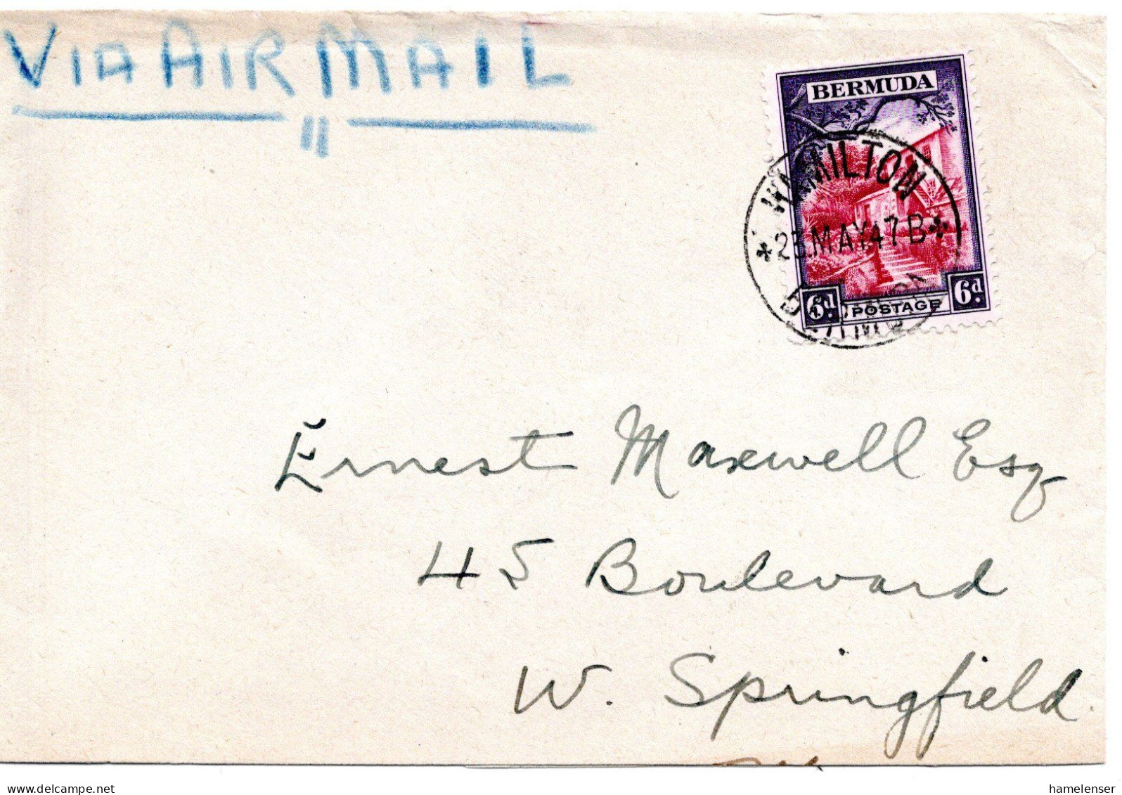 67706 - Bermuda - 1947 - 6d KGVI EF A LpBf (u Le Reduz) HAMILTON -> W. Springfield, MA (USA) - Bermudes