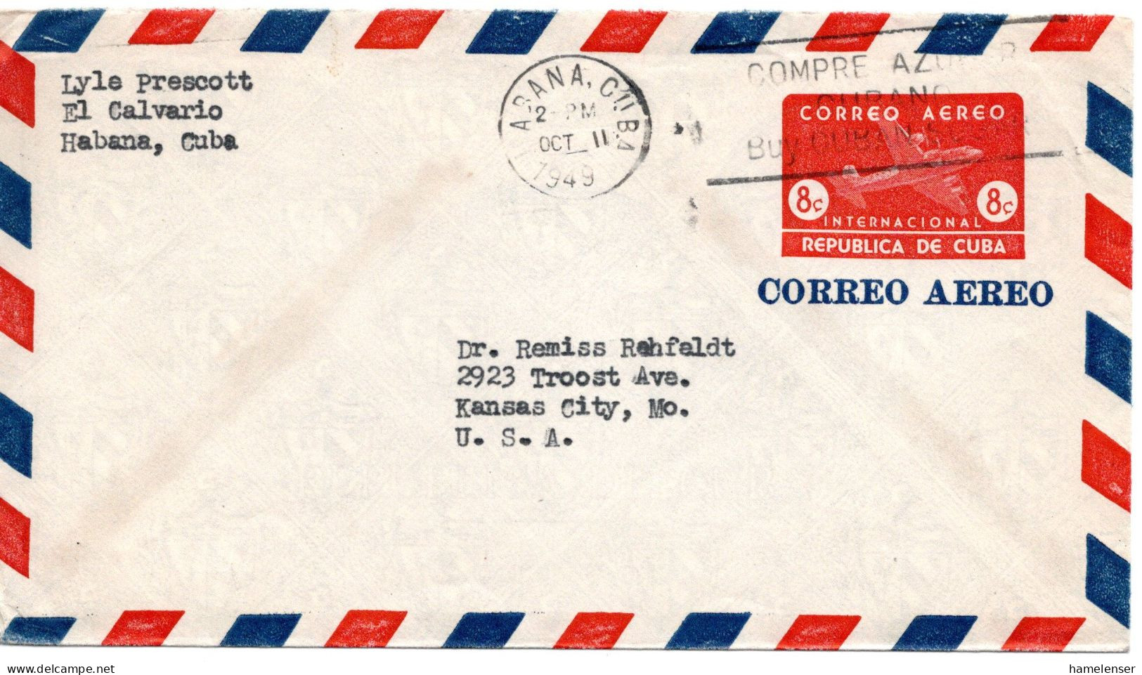 67707 - Cuba - 1949 - 8c GALpUmschlag HABANA - COMPRE AZUCAR CUBANO ... -> Kansas City, MO (USA) - Storia Postale