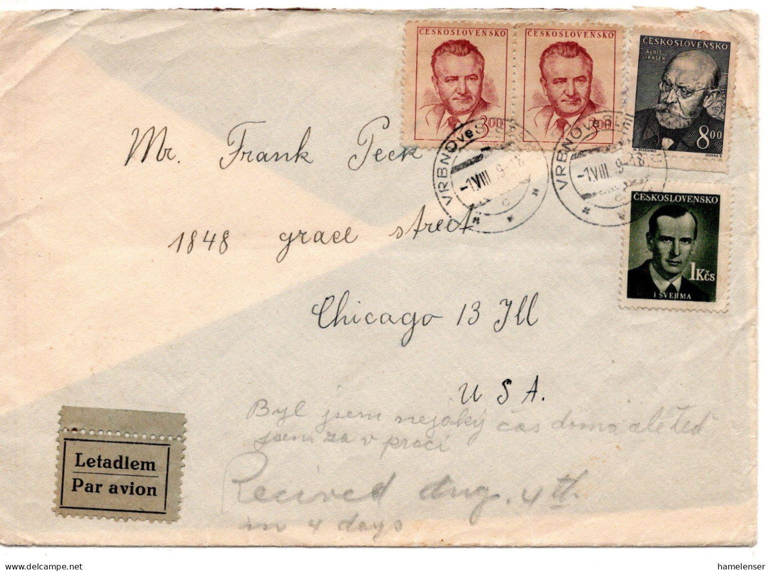 67711 - Tschechoslowakei - 1949 - 8Kcs Jirasek MiF A LpBf VRBRNO -> Chicago, IL (USA) - Covers & Documents