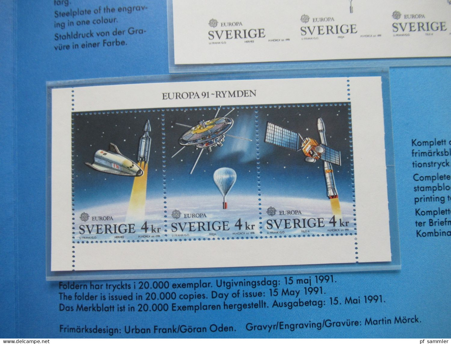 Schweden Europa  CEPT 1991, Samlarfolder Nr. 2 ungezähnt und Schwarzdruck, limitierte Auflage / Weltraum Rymden 91