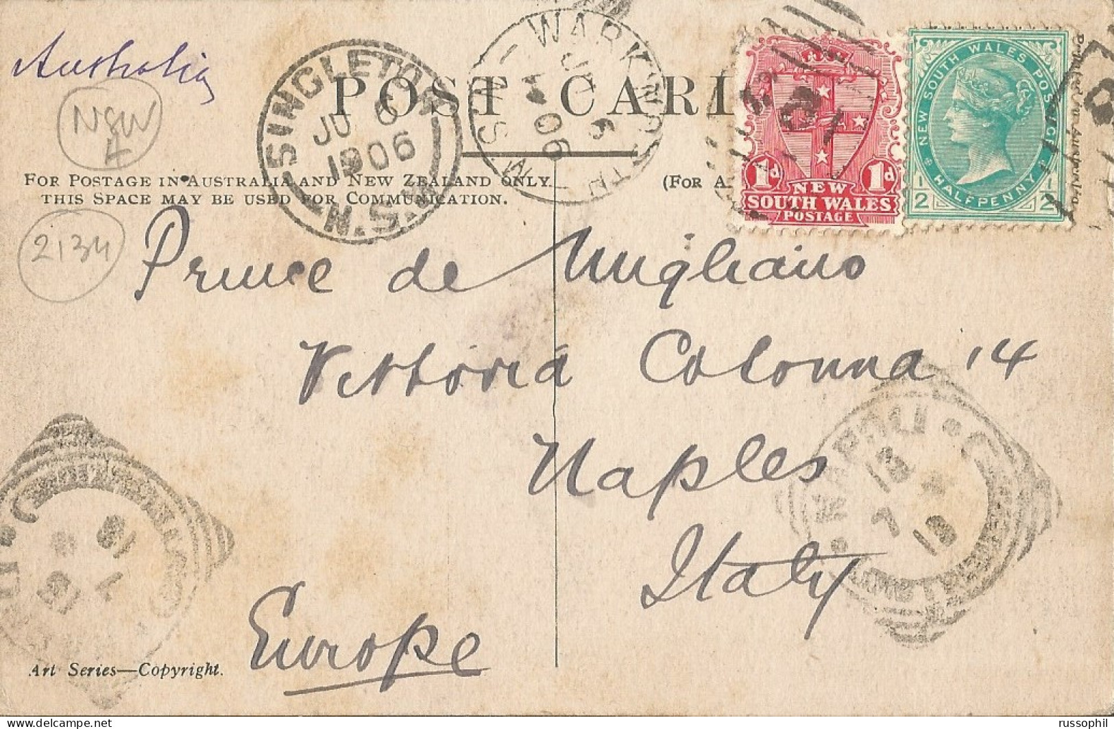 AUSTRALIA NSW - FRANKED PC (VIEW OF SYDNEY) FROM WARKWORTH TO ITALY - BARRED NUMERAL CANCEL 401 - 1906 - Cartas & Documentos